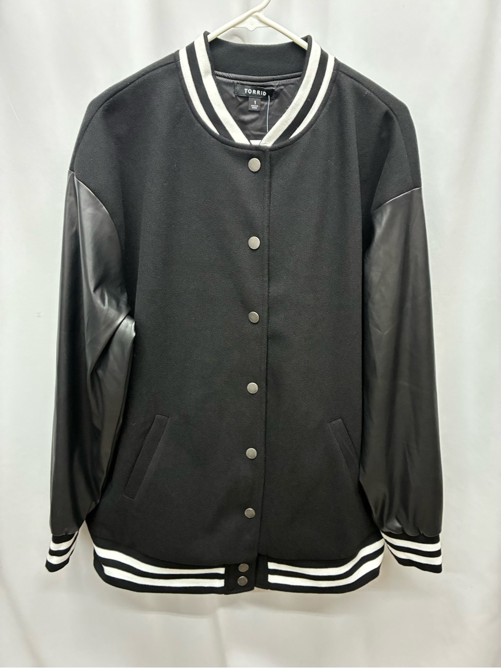 Torrid bomber jacket varsity size 1X 14-16 black button striped new with tags
